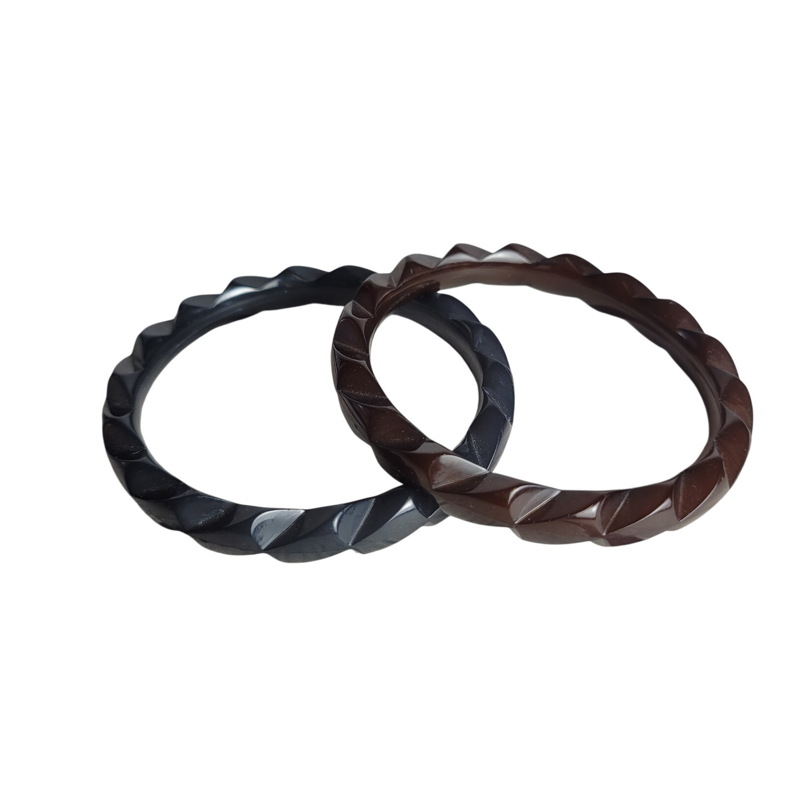 Vintage Bangle Bracelets Stack Of 2 Wavy Jagged Ridged Charcoal Gray/Dark Brown